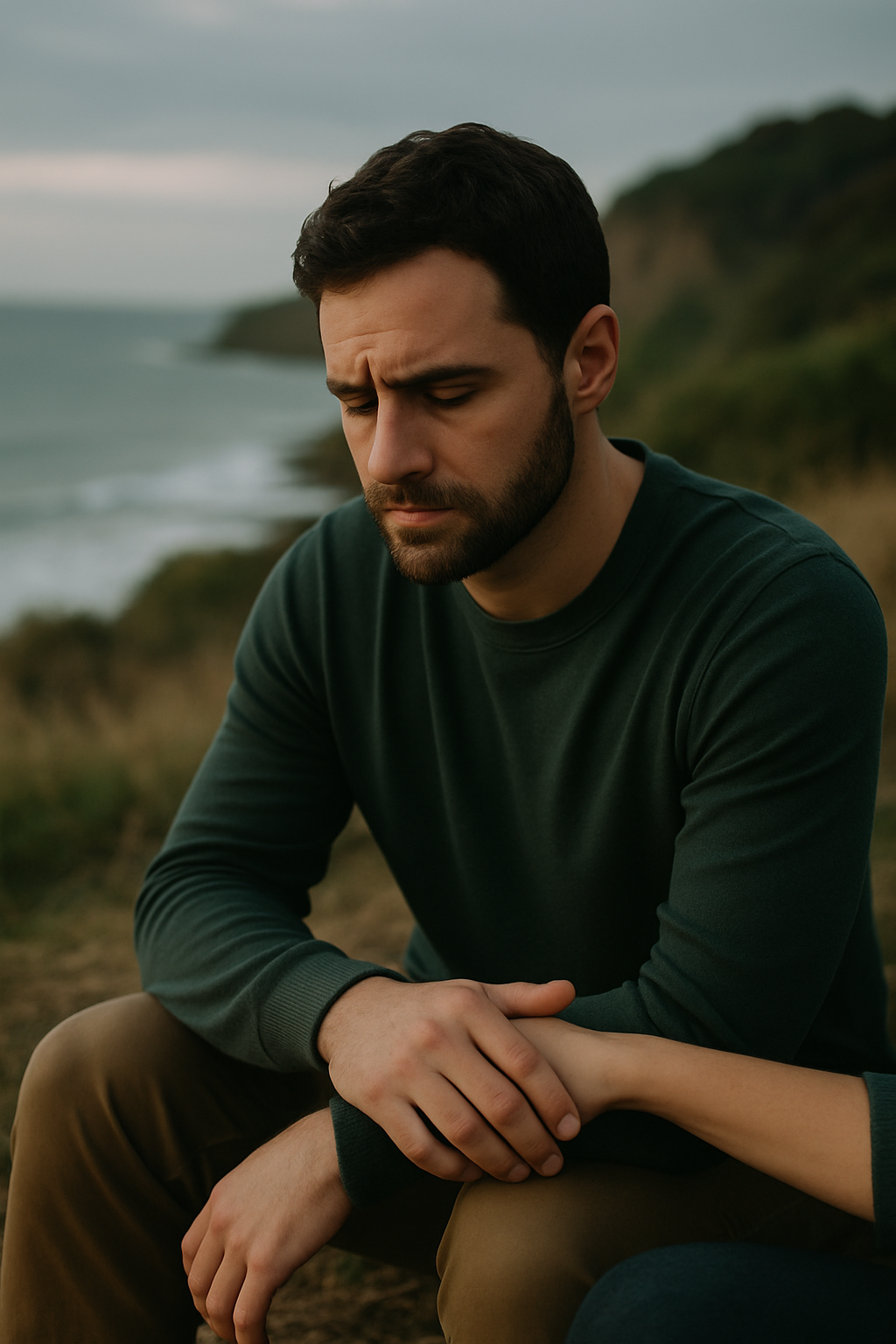 A man sitting on a coastal cliff at dusk, holding his partner's hand — editorial portrait